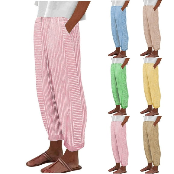 Plus Size Casual Pants for Womens High Waist Fashion Summer Elastic Waist Pocket Pants Casual Stripe Printing Full Length Pant