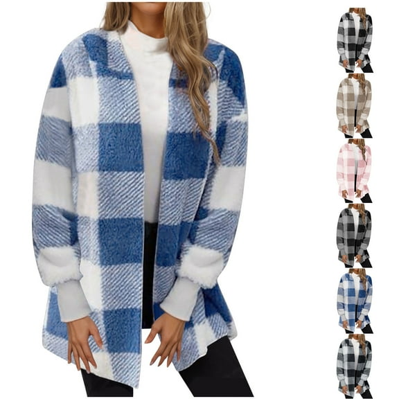 Plus Size Plaid Jackets for Womens Winter Fashion Double-sided Fleece Plaid Long Sleeved Long Coat Jacket Cardigan Overcoat Top