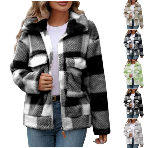 Plus Size Plaid Jackets for Womens Winter Fashion Pockets Zipper Lapel Long Sleeve Coat Jacket Blouse
