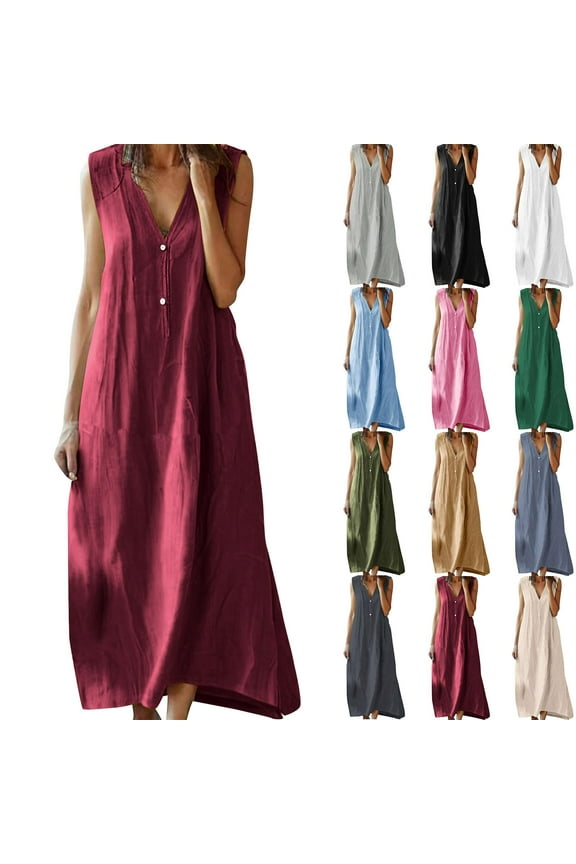 Plus Size Summer Dresses for Women 2026 Cotton And Linen Solid Color Causal Turndown Collar Sleeveless Button