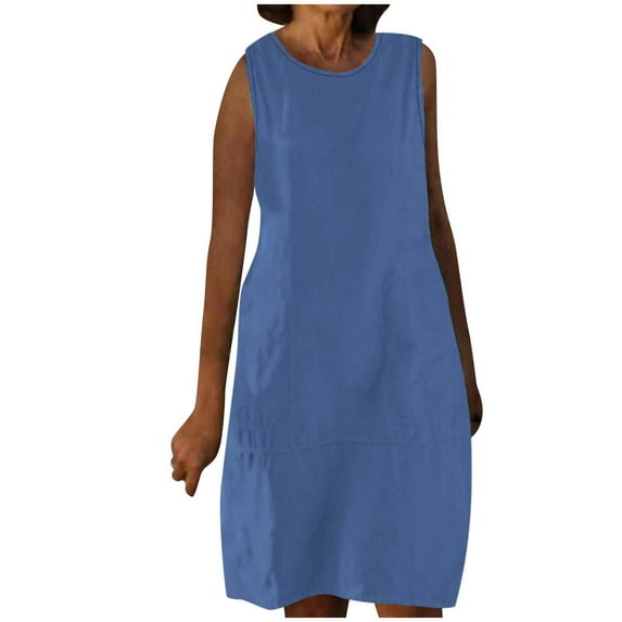 Summer Beach Dresses for Womens 2025 Plus Size Fashion Casual Solid Color Pocket Short Sleeve Round-Neck Dress