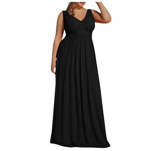 Summer Beach Dresses for Womens 2025 Plus Size Fashion Evening Dress Sleeveless Waist V-neck Solid Color Dress