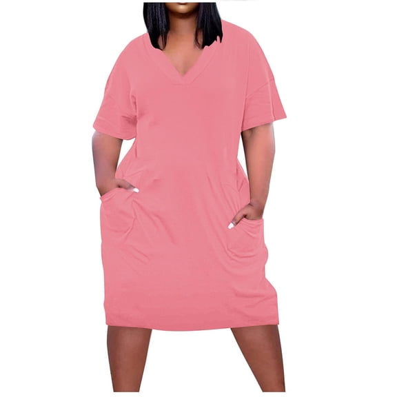 Summer Beach Dresses for Womens 2025 Plus Size Fashion Large Solid Short Sleeved V-neck Pocket Dress