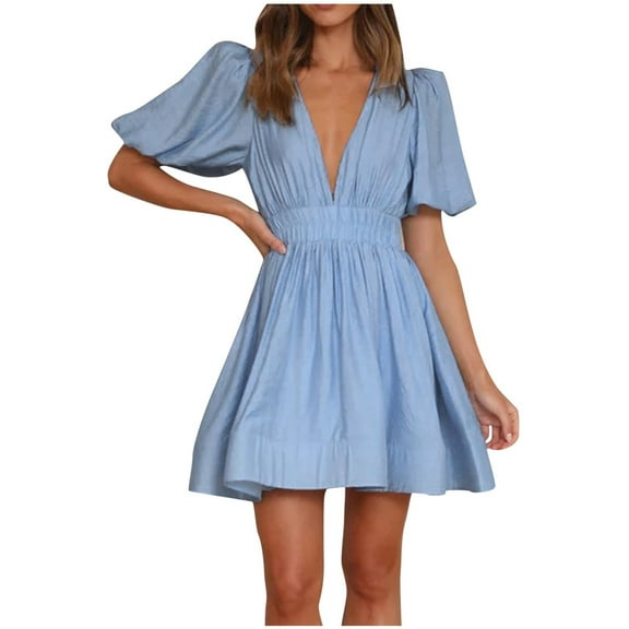 Summer Beach Dresses for Womens 2025 Plus Size Fashion Leisure Solid Wrinkles Mid-Rise Short Sleeve V-Neck Dress