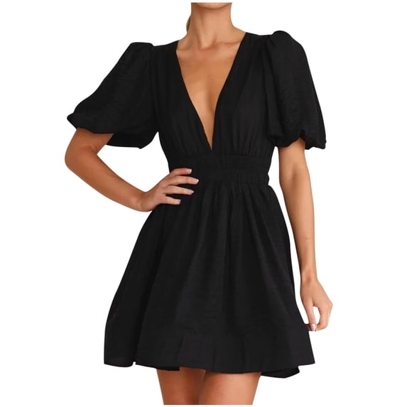 Summer Beach Dresses for Womens 2025 Plus Size Fashion Leisure Solid Wrinkles Mid-Rise Short Sleeve V-Neck Dress
