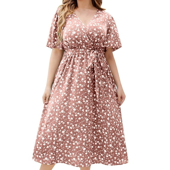 Summer Beach Dresses for Womens 2025 Plus Size Fashion Oversize Casual Short Sleeve V Neck Printed Sleeve Dresses Loose Dress
