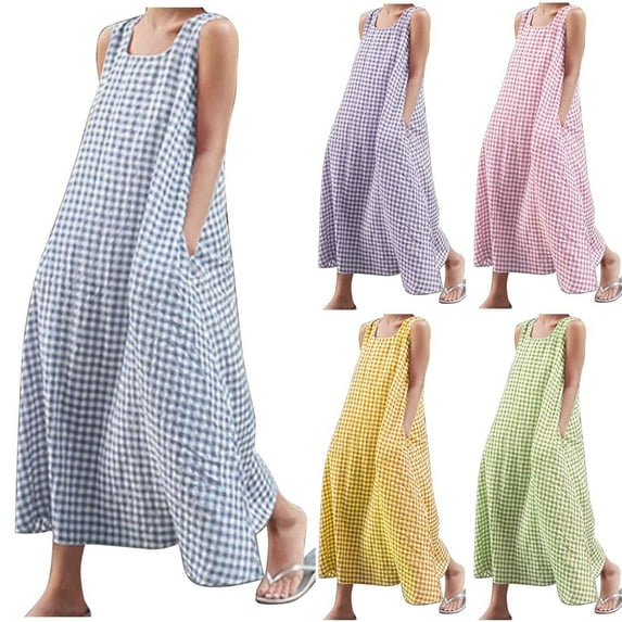 Summer Beach Dresses for Womens 2025 Plus Size Fashion Printed Sleeveless Round-Neck Ankle Dress