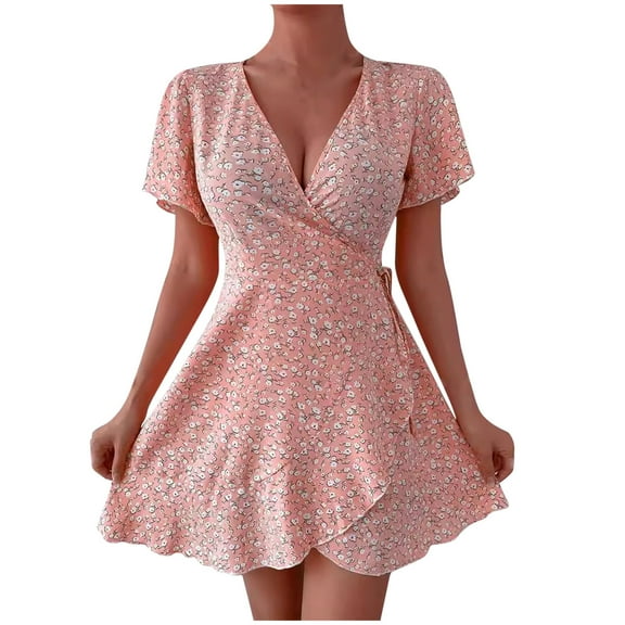 Summer Beach Dresses for Womens 2025 Plus Size Fashion Sexy Fragmented Flower Tie Waist Wrapped Short Sleeved V-neck Dress