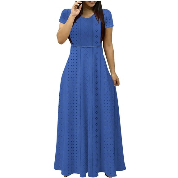 Summer Beach Dresses for Womens 2025 Plus Size Fashion Solid Color Short Sleeved V-neck Waistband Long Dress
