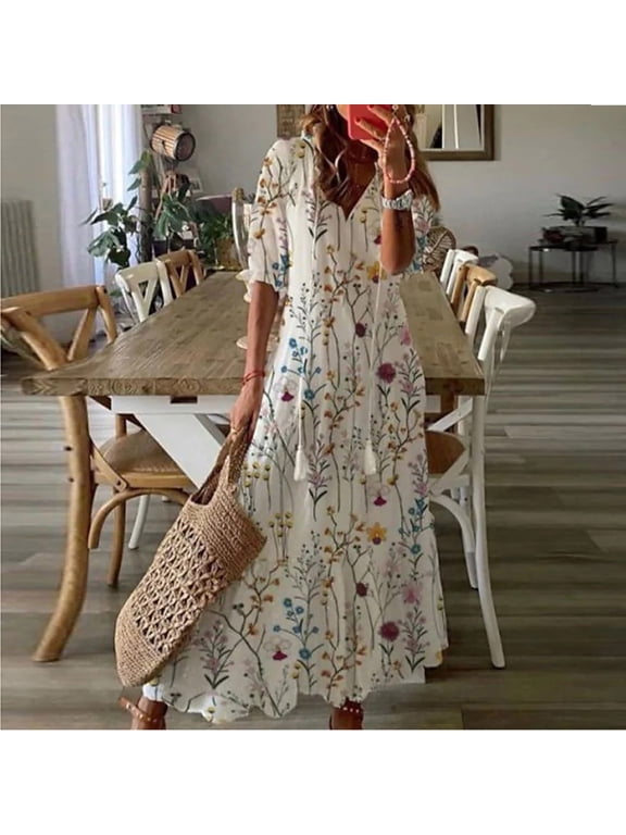 Summer Dresses for Women 2024 Oversize Fashion Casual Spring And Summer V-neck Three-quarter Sleeve Printed Dress