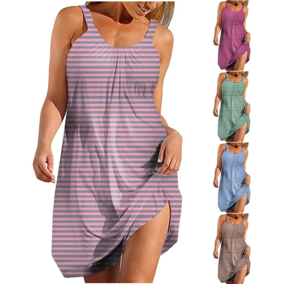 Summer Dresses for Womens 2025 Plus Size Fashion Casual Printed Round-Neck Sleeveless Loose Knee-Length Dress