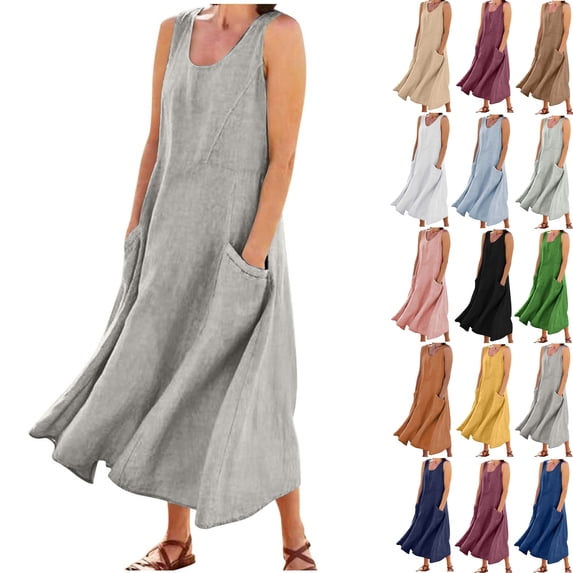 Summer Fashion Maxi Dresses for Womens 2025 Plus Size Casual Solid Color Sleeveless Round Neck Pocket Dress Skirt