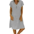 thumbnail image 1 of Summer Fashion Mini Dresses for Womens 2025 Plus Size Loose V-Neck Solid Short Sleeve Cotton And Linen Dress, 1 of 7