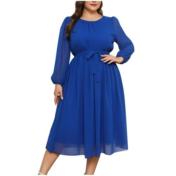 Summer Fashion Plus Size Maxi Dresses for Womens 2025 Casual Solid Color Tie Long Sleeve Round-Neck Dress