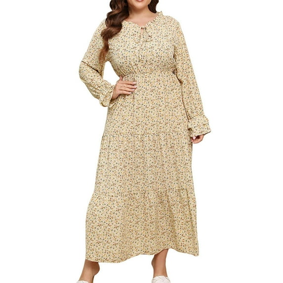 Summer Fashion Plus Size Maxi Dresses for Womens 2025 Print V-neck Long Sleeved Dress