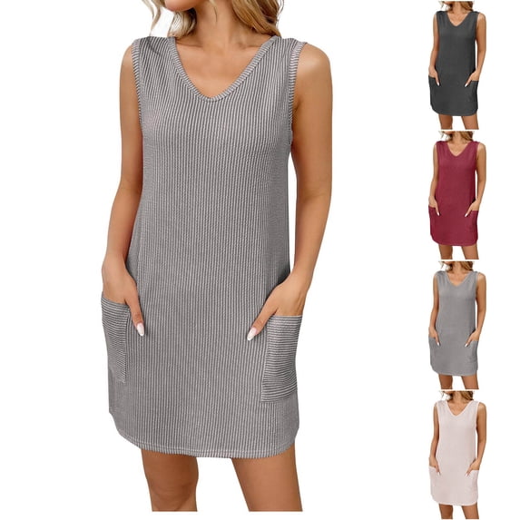 Summer Beach Dresses for Womens 2026 Plus Size Fashion Solid Color Pocket Fashion Large Size Sleeveless V-Neck Dress