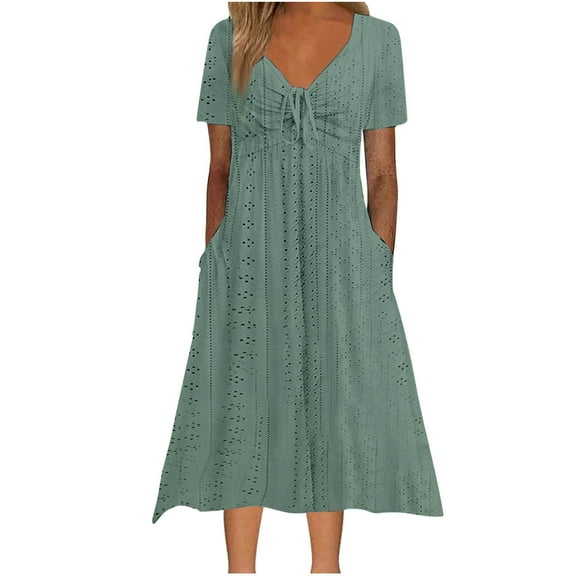 Summer Fashion Plus Size Sun Dresses for Womens 2025 Casual Solid Color Short Sleeved V-neck Tie Waist Pocket Dress