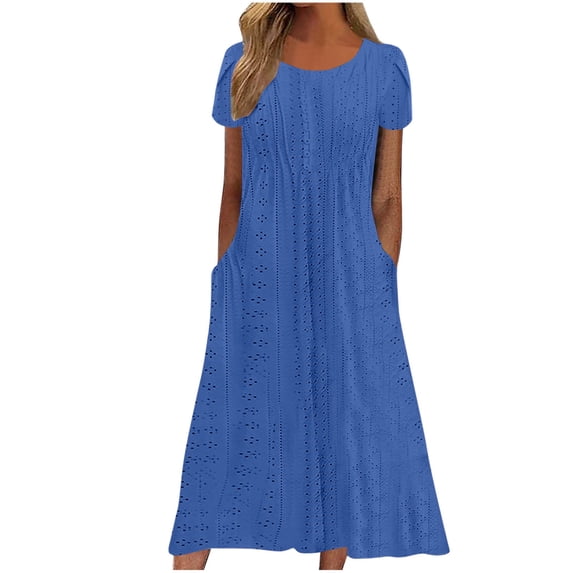 Summer Fashion Plus Size Sun Dresses for Womens 2025 Sexy Solid Color Pocket Ruffle Short Sleeve Round-Neck Dress
