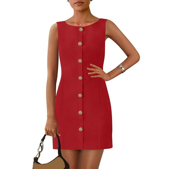 Summer Fashion Sun Dresses for Womens 2025 Plus Size Solid Color Sleeveless Round Neck Button Work Short Dress