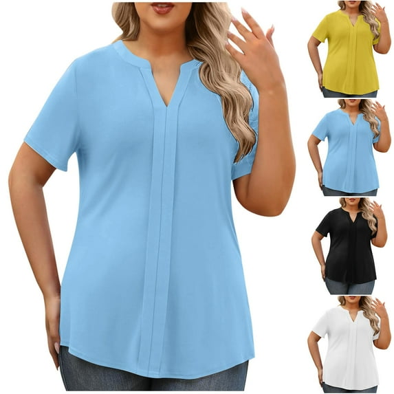 Summer Fashion Shirts for Womens Plus Size Casual New Large Size V-Neck Short-Sleeved Color Matching Bottoming Shirt T-Shirt Top