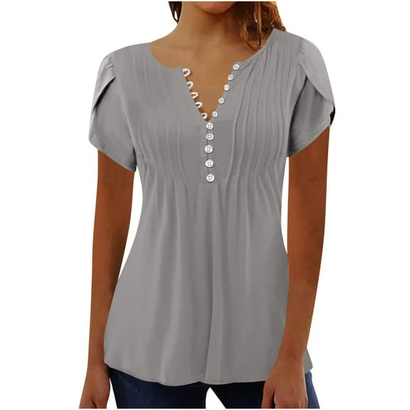 Summer Fashion Shirts for Womens Plus Size Sexy Fold Printed Regular Women Short Sleeves V Neck Button Top