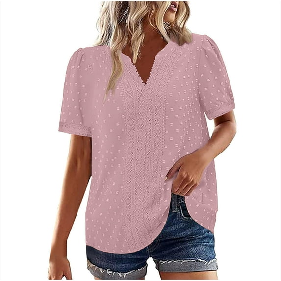 Summer Fashion Shirts for Womens Plus Size Solid Color Short Sleeve Round Neck Pullover Lace Blouse