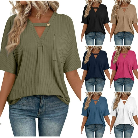 Summer Fashion Shirts for Womens Plus Size Solid Color V-Neck Pocket Button Loose Short Sleeve Shirts Top Blouse