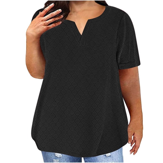Summer Fashion Shirts for Womens Plus Size Solid Color V- Neck Short Sleeve Blouses