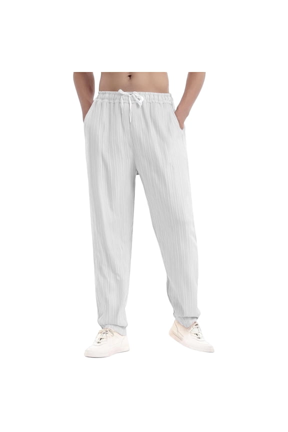 Under $10 Summer Linen Casual Long Pants for Men Elastic Waist Straight Leg Joggers Beach Boho Pants Vacation Lounge Trousers