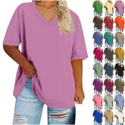 HAOZZAW Under 10$! Summer Plus Size Shirts for Womens 2025 V-neck Short Sleeved Solid Summer Base Shirt Sports T-shirt