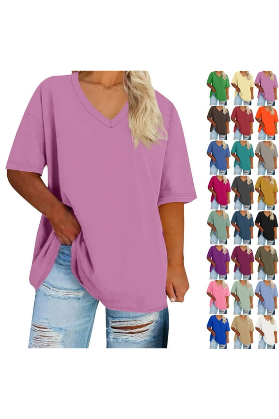 Under 10$! Summer Plus Size Shirts for Womens 2025 V-neck Short Sleeved Solid Summer Base Shirt Sports T-shirt