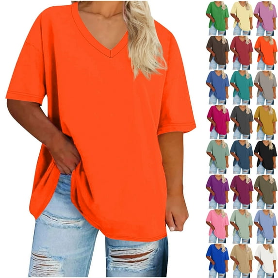Under 10$! Summer Plus Size Shirts for Womens 2025 V-neck Short Sleeved Solid Summer Base Shirt Sports T-shirt