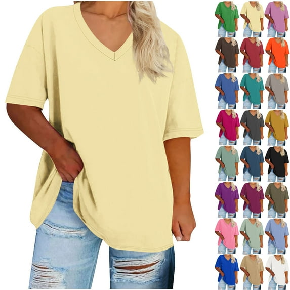 Under 10$! Summer Plus Size Shirts for Womens 2025 V-neck Short Sleeved Solid Summer Base Shirt Sports T-shirt