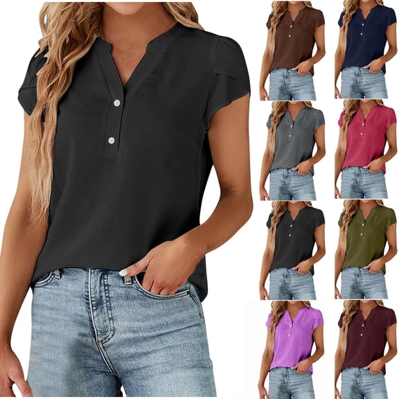 Summer Plus Size Tops for Womens 2025 Fashion Casual Tops Solid Blouses Button Shirts Short Sleeve V Neck T-shirt