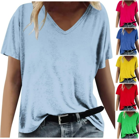 Summer Plus Size Tops for Womens 2025 Fashion Causal V-Neck Solid Blouse Short Sleeve T-Shirt Tops