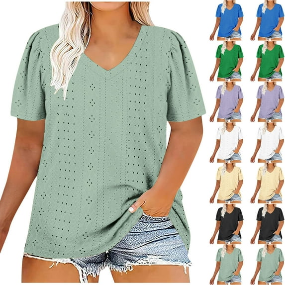 Summer Plus Size Tops for Womens 2025 Fashion Large Size V-neck Solid Color Short Sleeve T-Shirt Loose Top