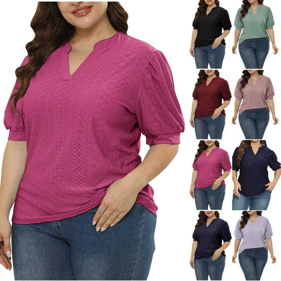 Summer Plus Size Tops for Womens 2025 Fashion T-Shirts V-Neck Puff Short Sleeve Tops Casual Top Hollow Out Blouses