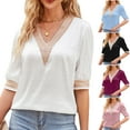 thumbnail image 1 of Summer Plus Size Tops for Womens 2025 Fashion V-Neck Solid Lace Satin Mid Sleeved Top, 1 of 7