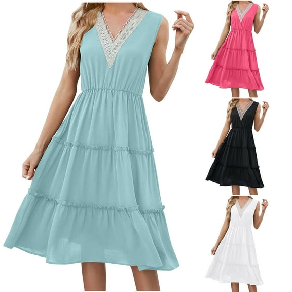 Summer Sundresses for Women 2024 Plus Size Casual Spring Sleeveless V-Neck Knee-High Dress