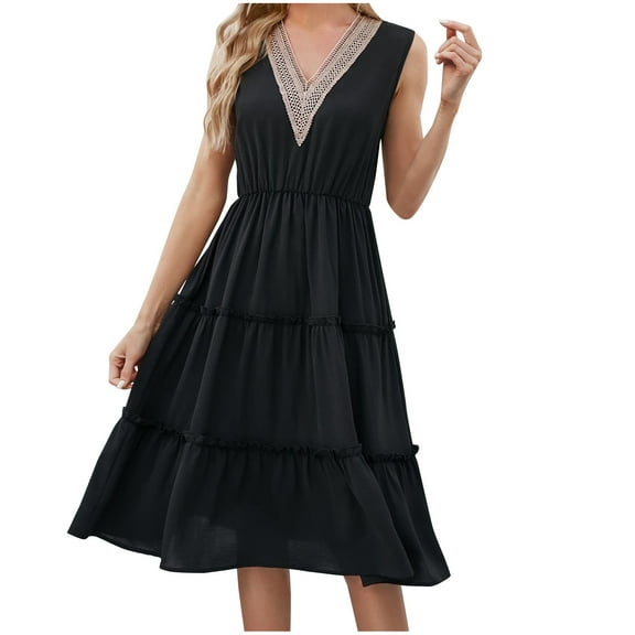 Summer Sundresses for Women 2024 Plus Size Casual Spring Sleeveless V-Neck Knee-High Dress
