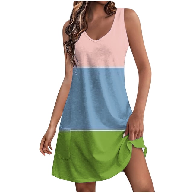 Summer Sundresses for Women 2024 Plus Size Comfort Pocket Printing Sleeveless V-Neck Dress
