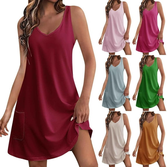 Summer Sundresses for Women 2024 Plus Size Comfortable And Pocket Solid Color Sleeveless V-neck Dress