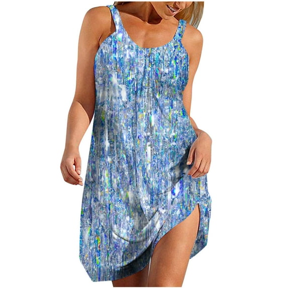 Summer Sundresses for Women 2024 Plus Size Printed Round Neck Pleated Vacation Style Dress