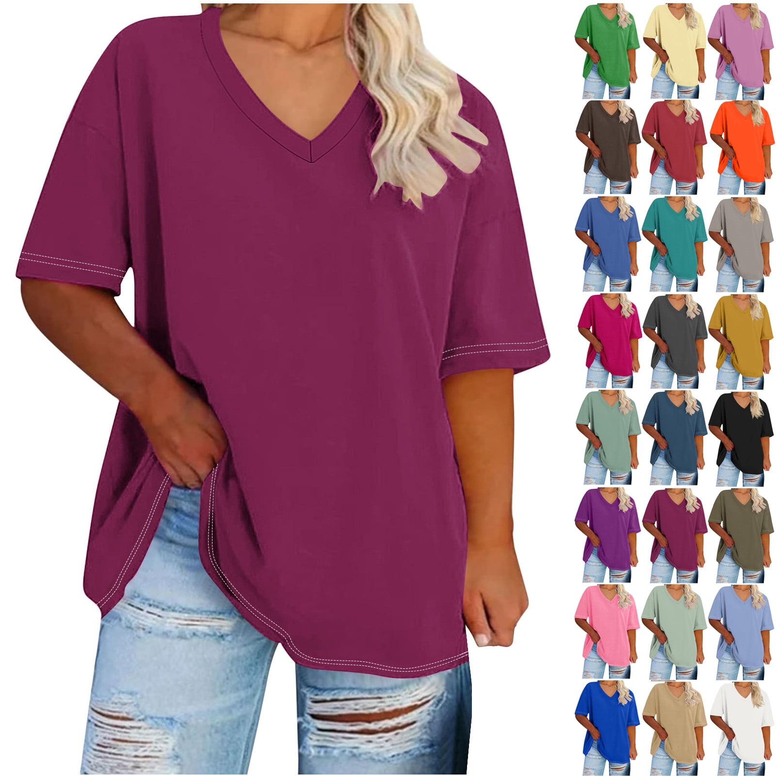 haozzaw Women's Plus Size V-Neck Cotton Tunic Tops, Short Sleeve