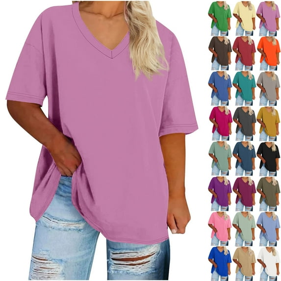 Under 10$! Summer Womens Tops 2025 Plus Size V-neck Short Sleeved Solid Summer Base Shirt Sports T-shirt