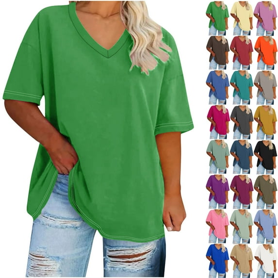 Under 10$! Summer Womens Tops 2025 Plus Size V-neck Short Sleeved Solid Summer Base Shirt Sports T-shirt
