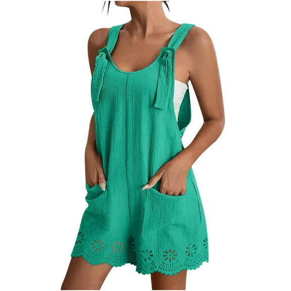 Suumer Plus Size Casual Fshion Jumpsuits for Women Hollowed Out Lace Solid Casual Sleeveless Suspender Short Wide-leg