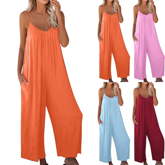 Suumer Plus Size Casual Fshion Jumpsuits for Women Solid Pocket Casual Sleeveless Suspender