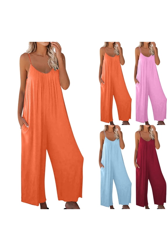 Suumer Plus Size Casual Fshion Jumpsuits for Women Solid Pocket Casual Sleeveless Suspender