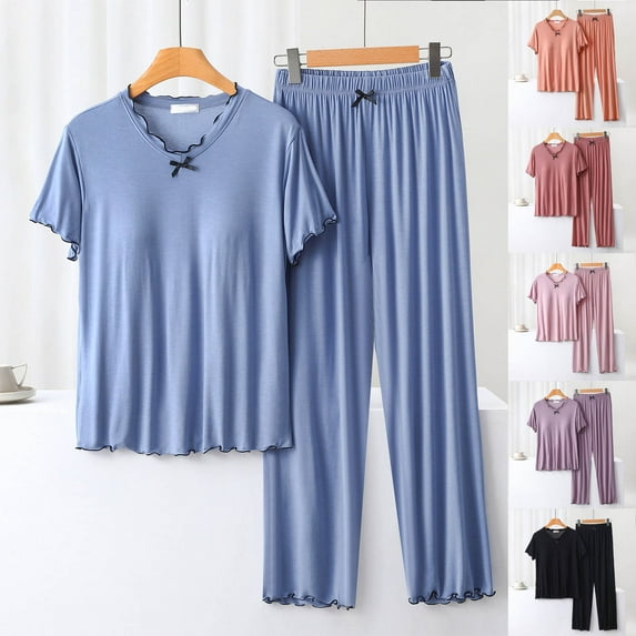 Summer Plus Size Casual Fshion Two Piece Sets For Women Blouse Plain Casual Round-Neck Regular Short Sleeve Sleepwear Sets